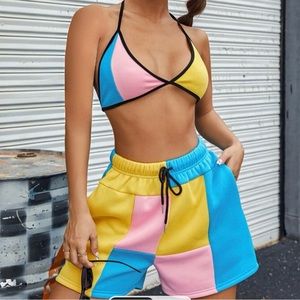 Large Colorblock Contrast Binding Halter Top And Shorts Set